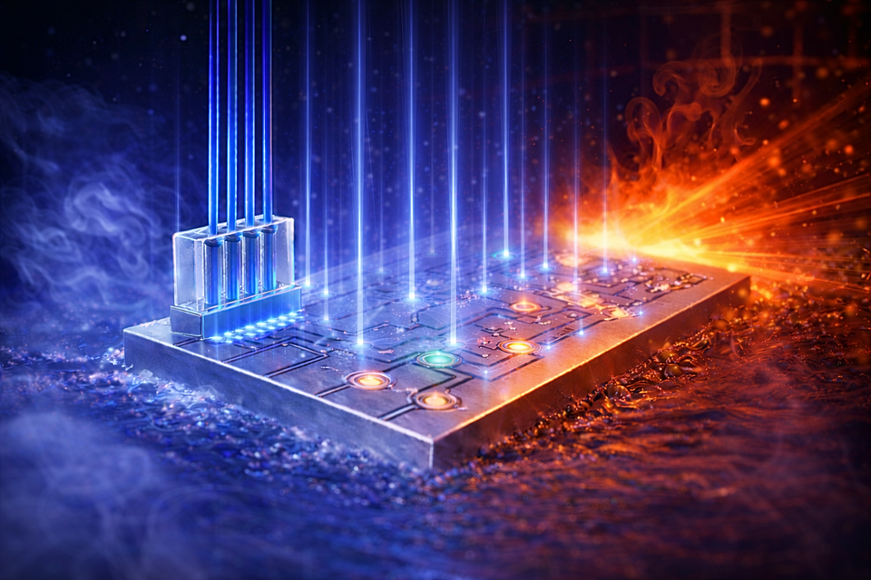Illustration of a rectangular chip surrounded with both blue cold and red heat, with blue light shooting up from its components. 